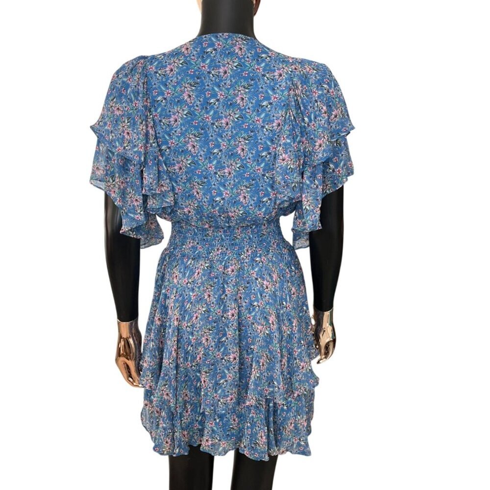 Gilner Farrar Blue Floral Smocked Mini Dress Tiered Ruffle Flutter Sleeve Large - Picture 3 of 8
